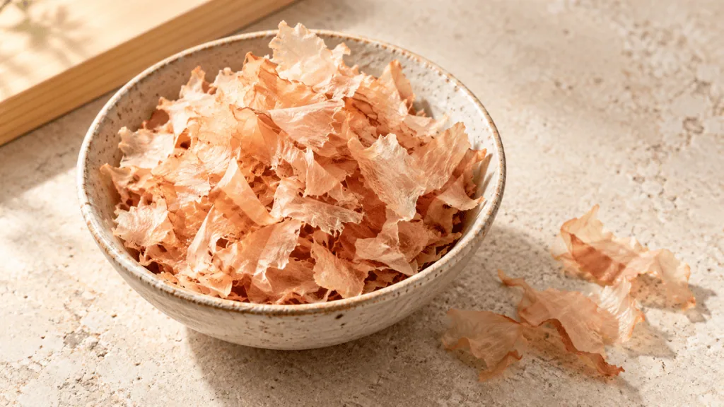 Fins copeaux de katsuobushi dans un bol artisanal clair