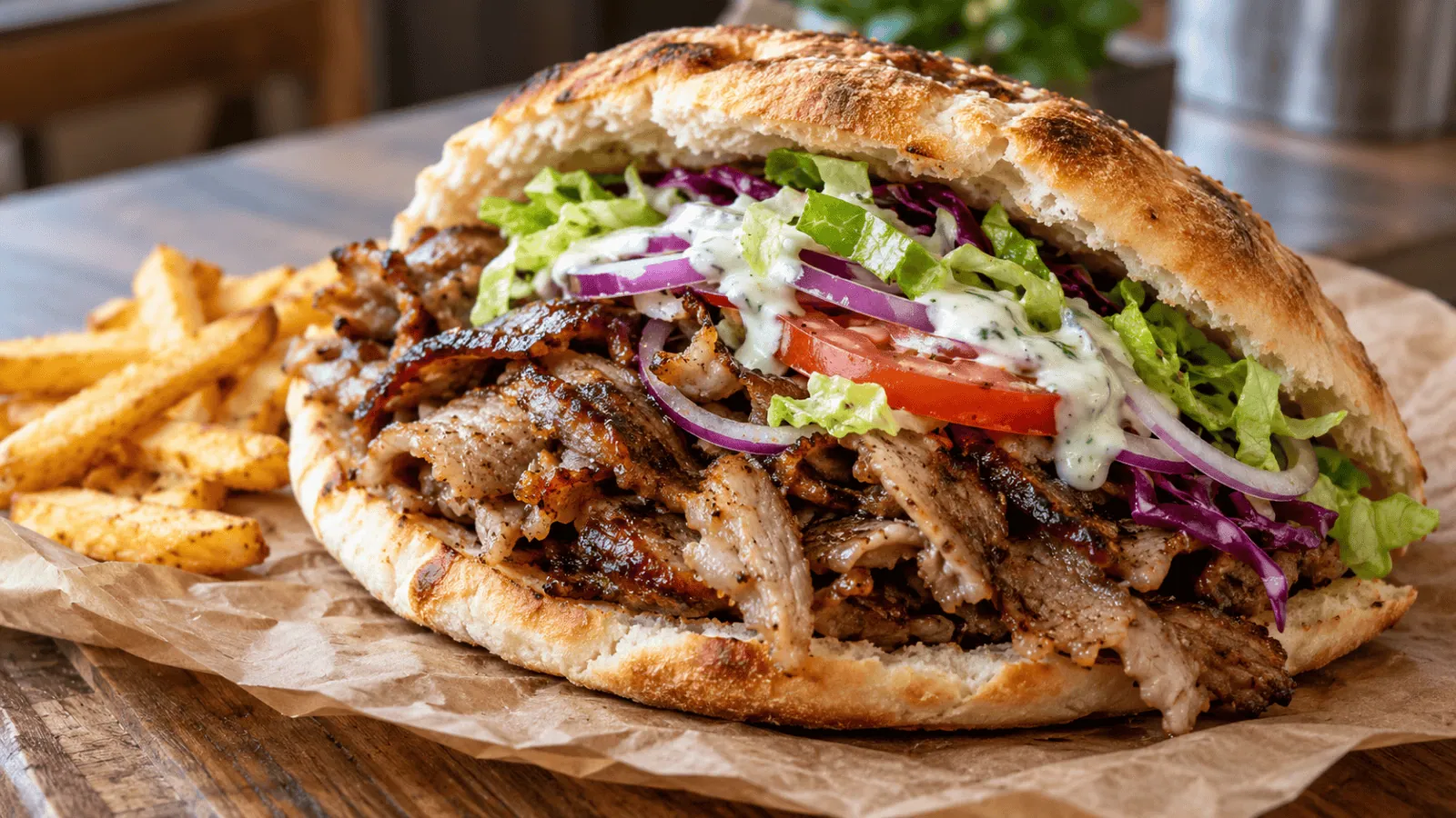 Sandwich döner kebab au veau et à l’agneau avec crudités et sauce au yaourt