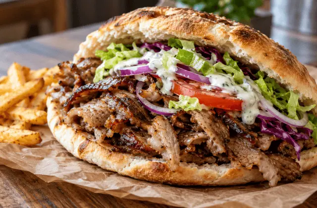 Sandwich döner kebab au veau et à l’agneau avec crudités et sauce au yaourt