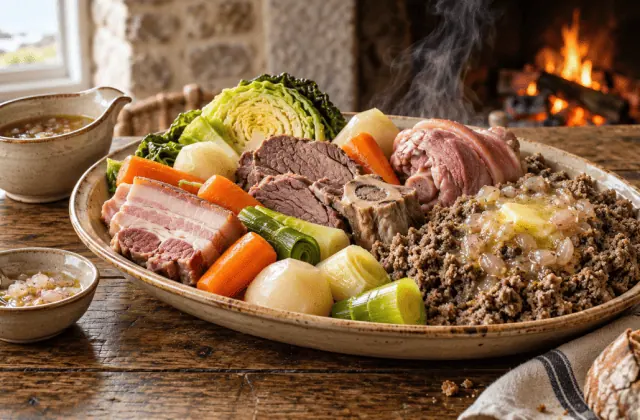 Kig ha farz breton avec viandes, légumes, farz noir émietté et lipig aux échalotes