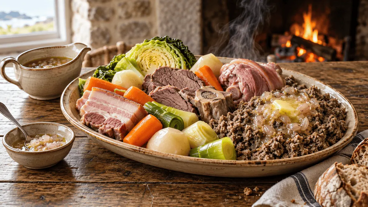 Kig ha farz breton avec viandes, légumes, farz noir émietté et lipig aux échalotes