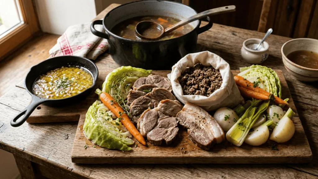 Kig ha farz traditionnel servi sur une planche : bœuf et lipig tranchés, farz noir émietté dans son sac, chou, carottes, poireaux et sauce lipig