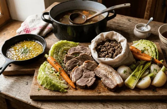Kig ha farz traditionnel servi sur une planche : bœuf et lipig tranchés, farz noir émietté dans son sac, chou, carottes, poireaux et sauce lipig