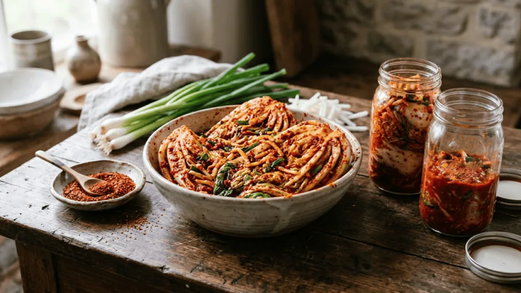 Kimchi maison au chou chinois enrobé de pâte pimentée dans un saladier, bocaux en verre remplis, piment gochugaru et ciboule