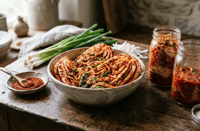 Kimchi maison au chou chinois enrobé de pâte pimentée dans un saladier, bocaux en verre remplis, piment gochugaru et ciboule