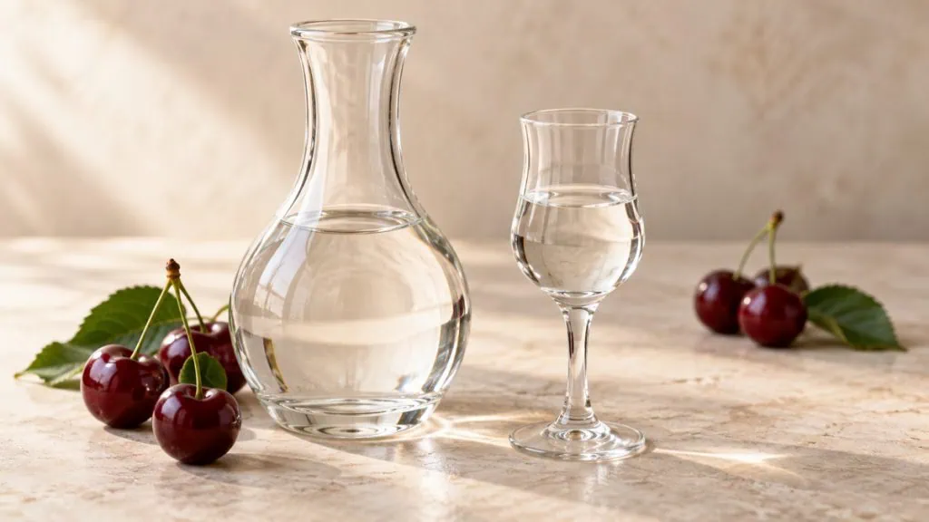Kirsch transparent dans une carafe et un verre avec quelques cerises