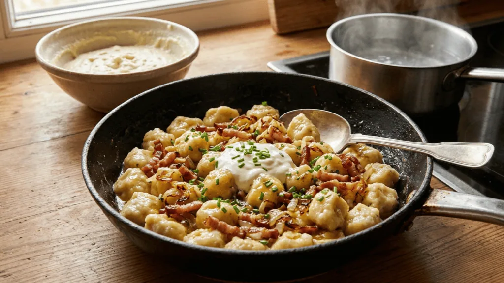 Kniddelen aux lardons dans une poêle : quenelles de farine au beurre, lardons croustillants, oignons, crème fraîche et ciboulette