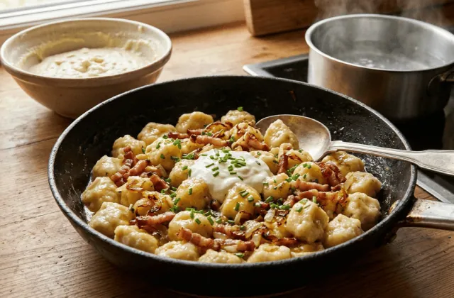 Kniddelen aux lardons dans une poêle : quenelles de farine au beurre, lardons croustillants, oignons, crème fraîche et ciboulette