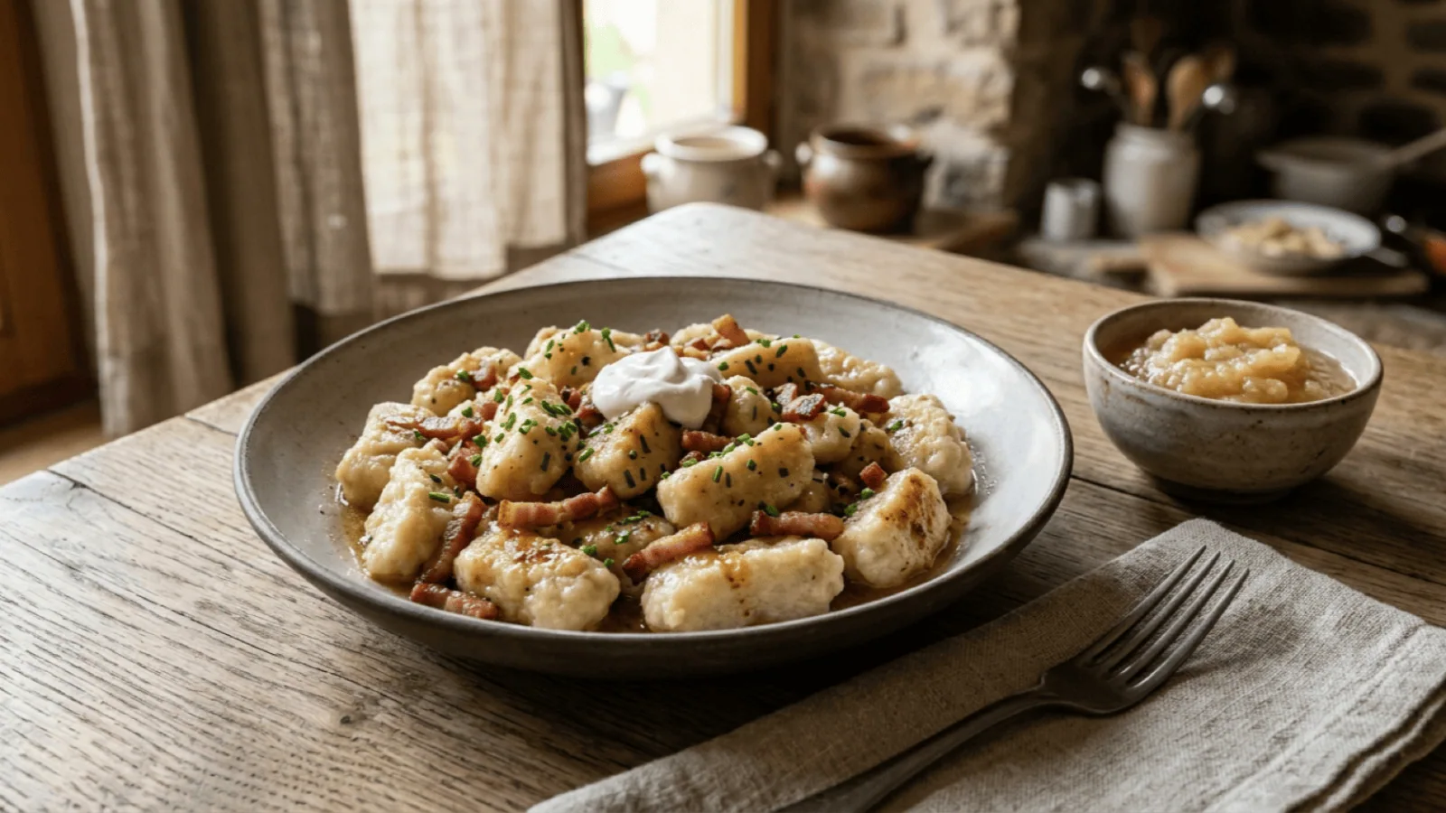 Kniddelen luxembourgeois aux lardons et beurre noisette, avec une cuillerée de crème et de la compote de pommes