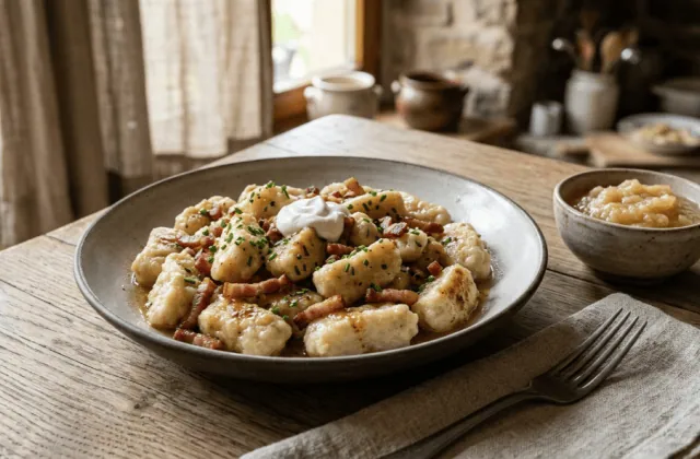 Kniddelen luxembourgeois aux lardons et beurre noisette, avec une cuillerée de crème et de la compote de pommes