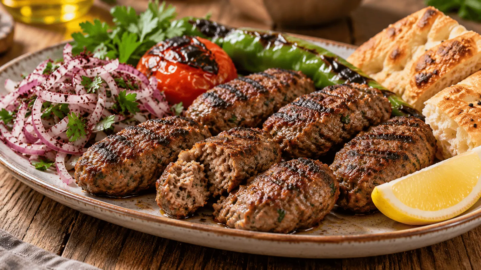 Köfte turcs grillés avec oignons au sumac, tomates, piments et pain pide
