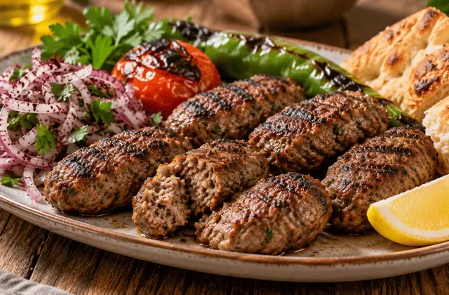 Köfte turcs grillés avec oignons au sumac, tomates, piments et pain pide