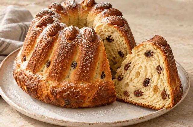 Kougelhopf alsacien aux raisins et aux amandes avec une tranche découpée