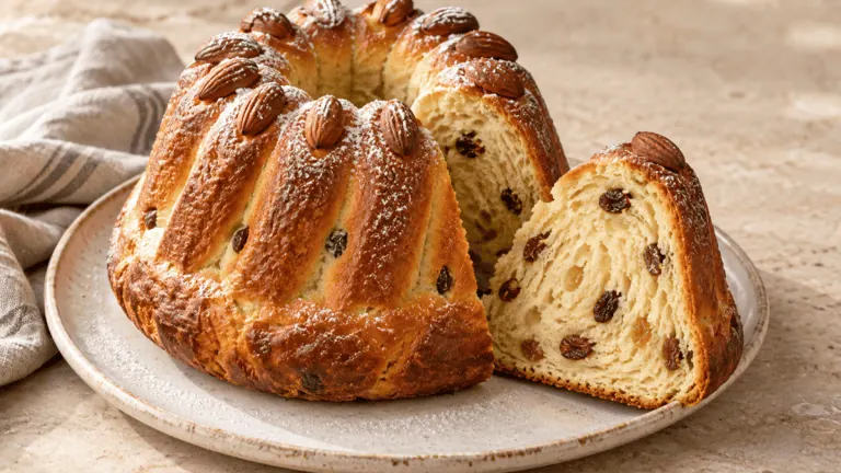 Kougelhopf alsacien aux raisins et aux amandes avec une tranche découpée