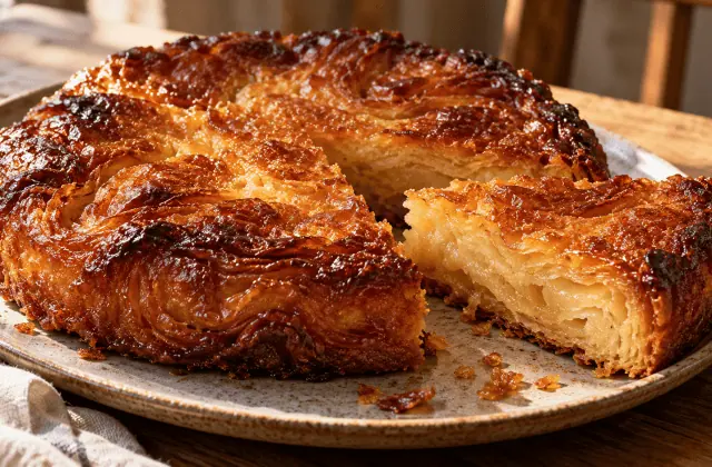 Kouign-amann breton caramélisé avec une part révélant le feuilletage