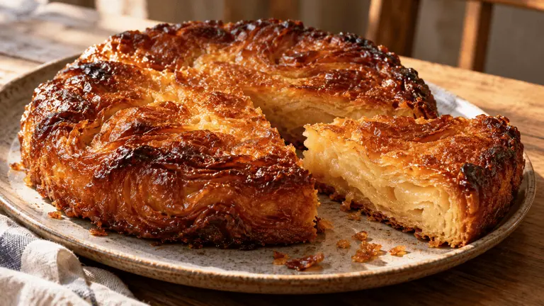 Kouign-amann breton caramélisé avec une part révélant le feuilletage