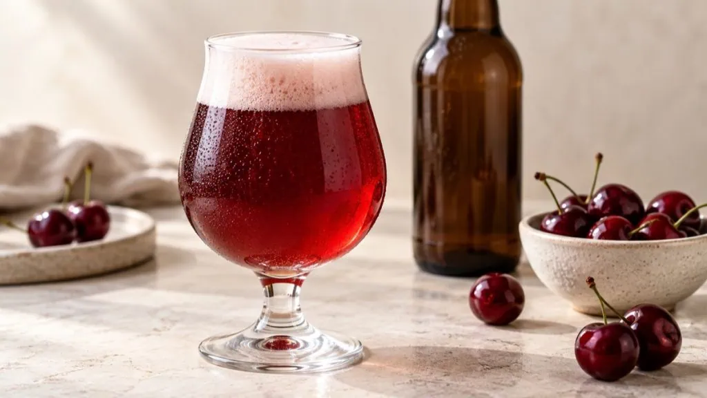 Verre de bière kriek rouge à la cerise avec bouteille neutre