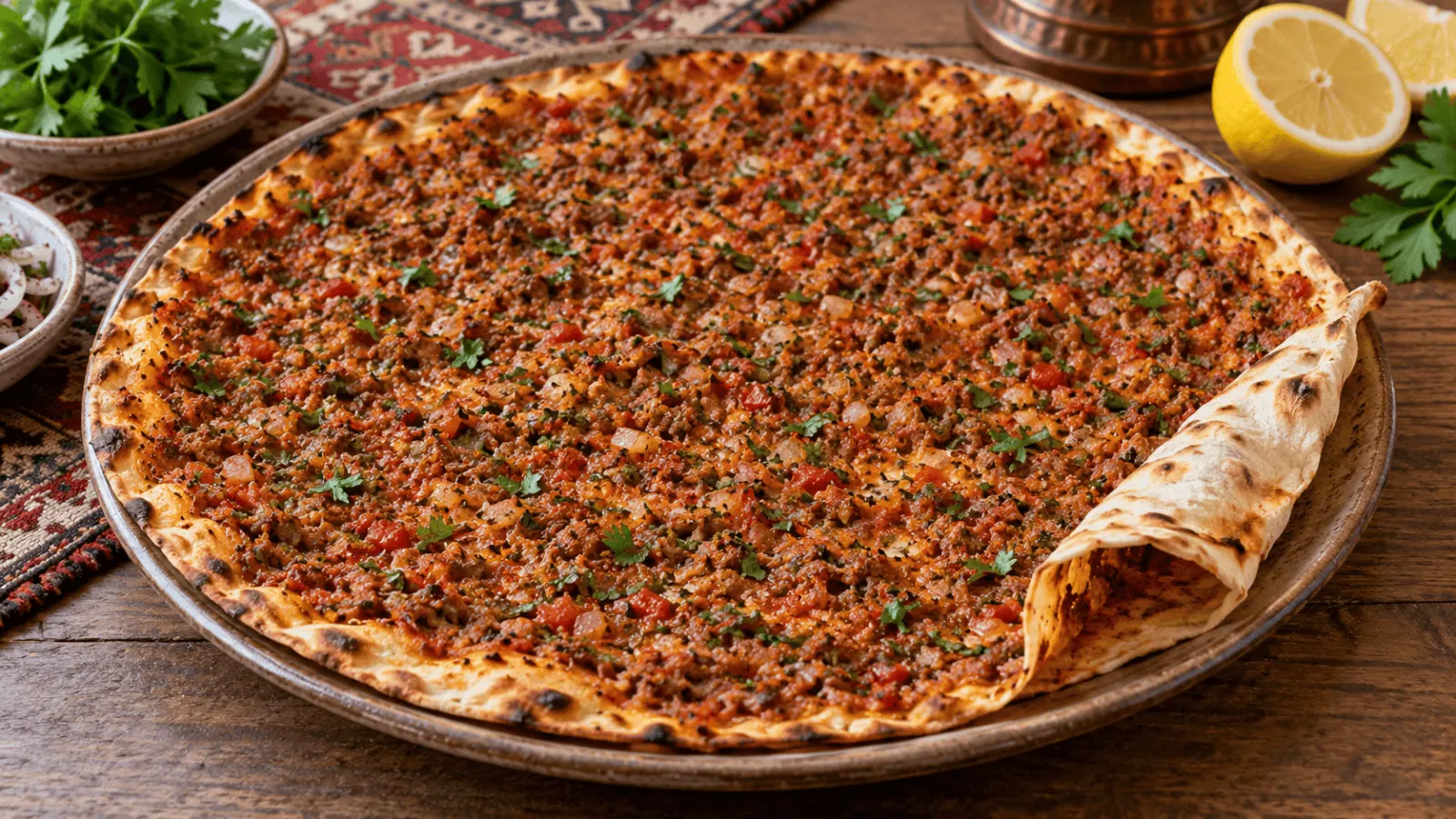 Lahmacun turc fin garni de viande hachée, tomate, poivron et persil