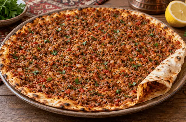 Lahmacun turc fin garni de viande hachée, tomate, poivron et persil