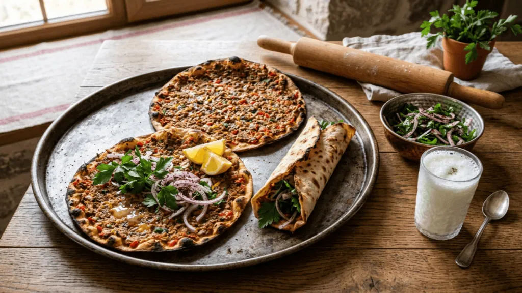 Lahmacun maison sortis du four sur un plateau, persil, oignon rouge au sumac, citron, et ayran