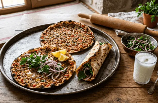 Lahmacun maison sortis du four sur un plateau, persil, oignon rouge au sumac, citron, et ayran