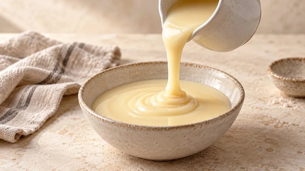Lait concentré sucré versé dans un bol en grès