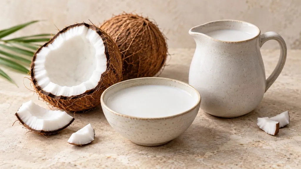 Lait de coco dans un bol et un pichet avec une noix de coco ouverte