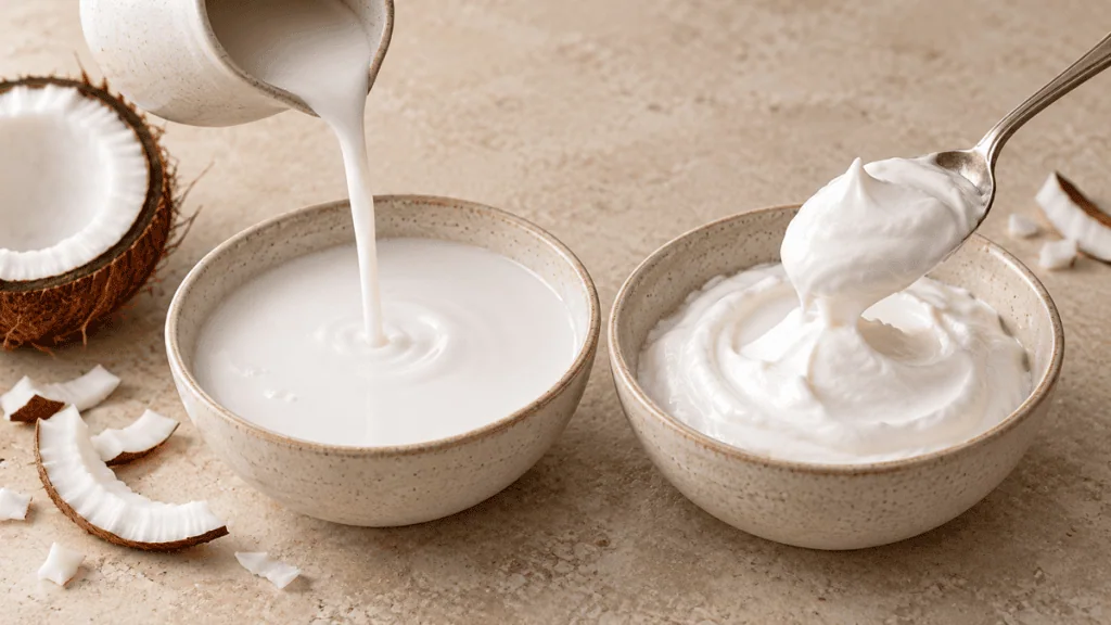 Comparaison de la texture fluide du lait de coco et épaisse de la crème de coco