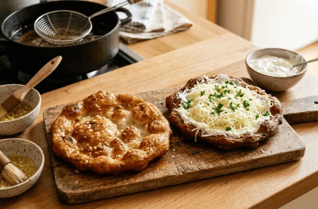 Lángos frits sur une planche, l’un garni de crème aigre et de fromage râpé, huile à l’ail et pinceau