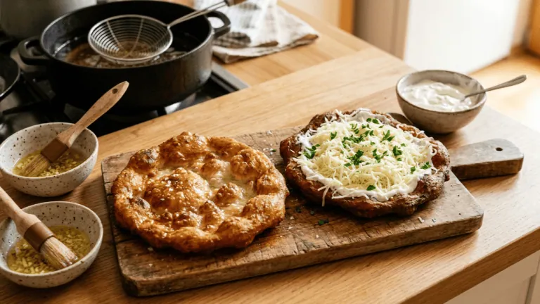 Lángos frits sur une planche, l’un garni de crème aigre et de fromage râpé, huile à l’ail et pinceau