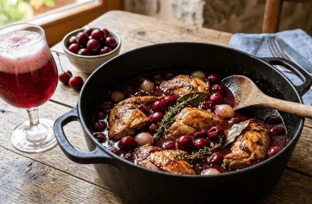 Lapin à la kriek et aux griottes en cocotte, sauce rubis aux cerises et oignons grelots, verre de kriek