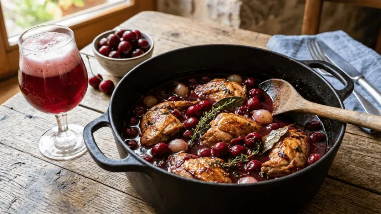 Lapin à la kriek et aux griottes en cocotte, sauce rubis aux cerises et oignons grelots, verre de kriek