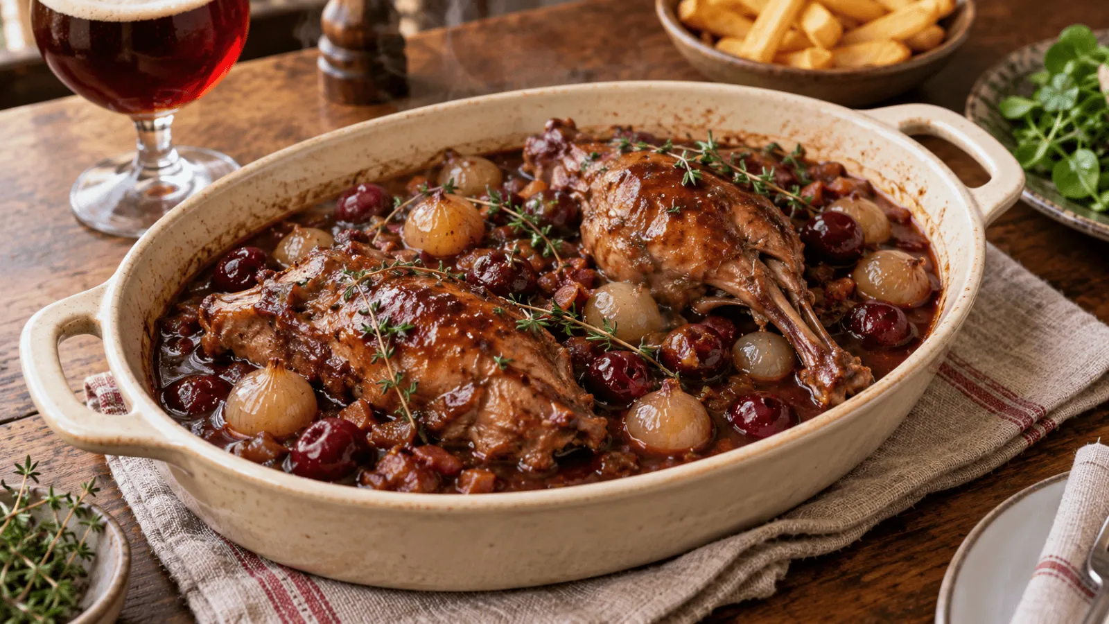 Lapin mijoté à la bière kriek avec griottes, oignons et thym
