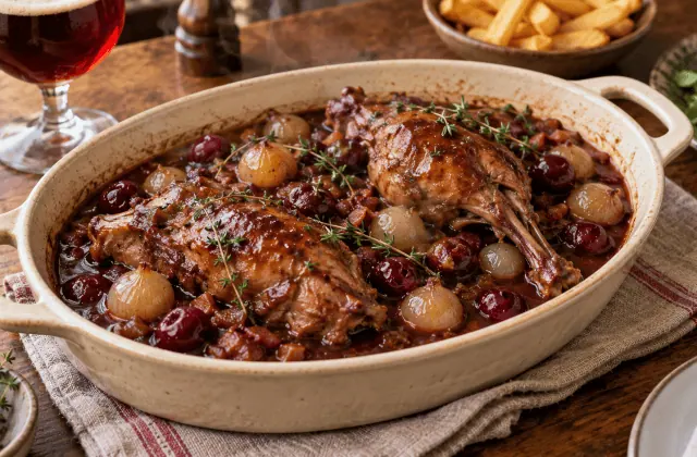 Lapin mijoté à la bière kriek avec griottes, oignons et thym