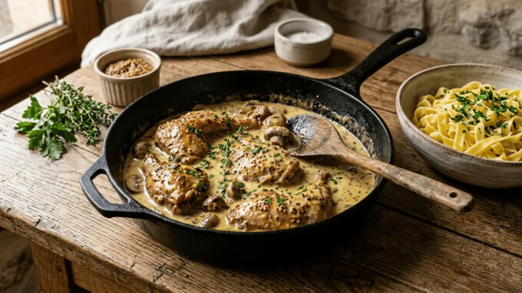 Lapin à la moutarde et à la crème dans une poêle en fonte, sauce moutarde à l’ancienne et champignons, tagliatelles à côté