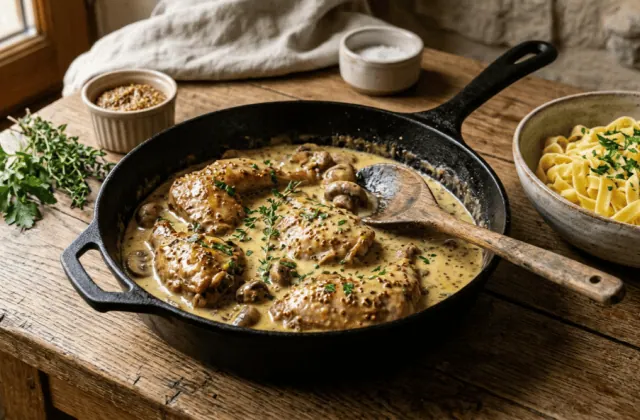 Lapin à la moutarde et à la crème dans une poêle en fonte, sauce moutarde à l’ancienne et champignons, tagliatelles à côté