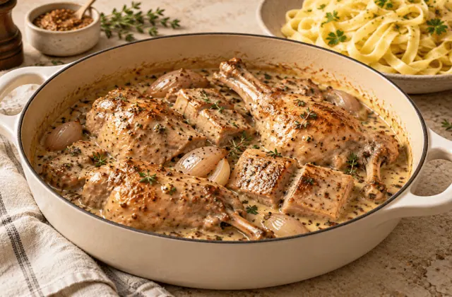 Lapin à la moutarde et à la crème dans une cocotte