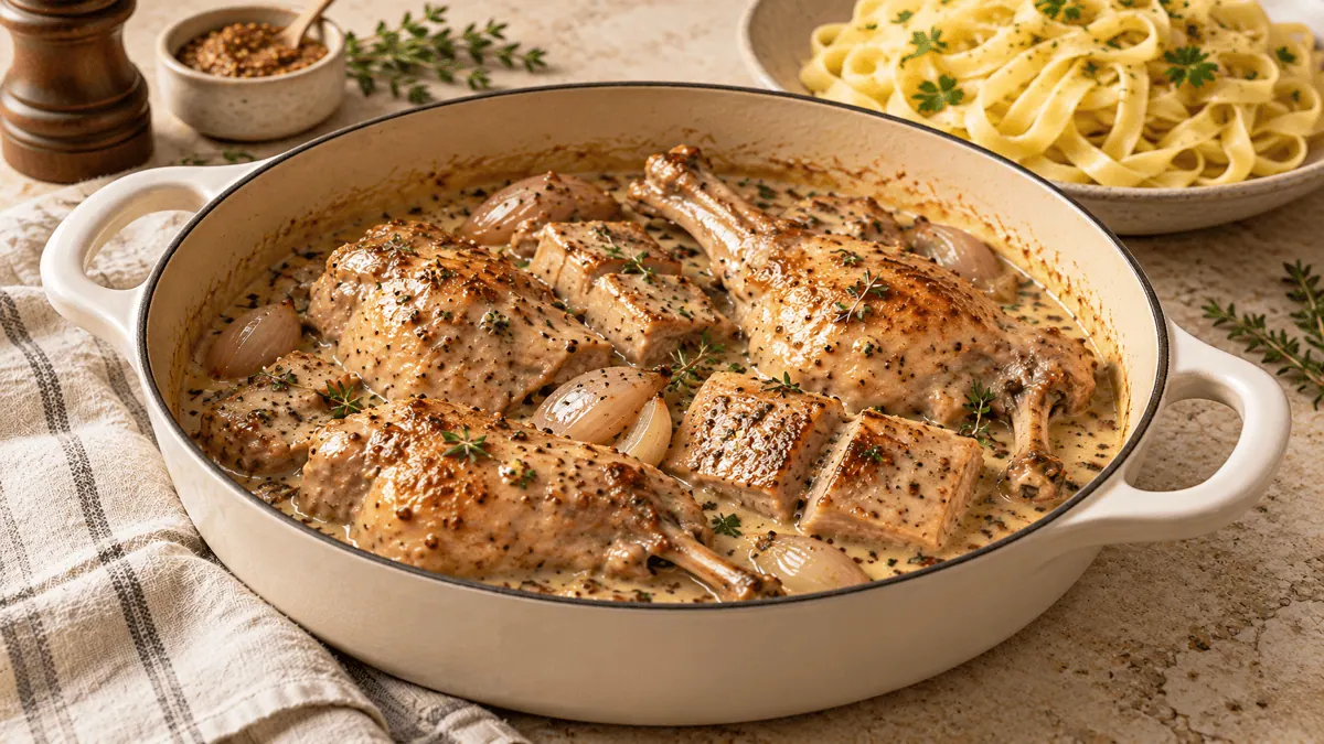 Lapin à la moutarde et à la crème dans une cocotte