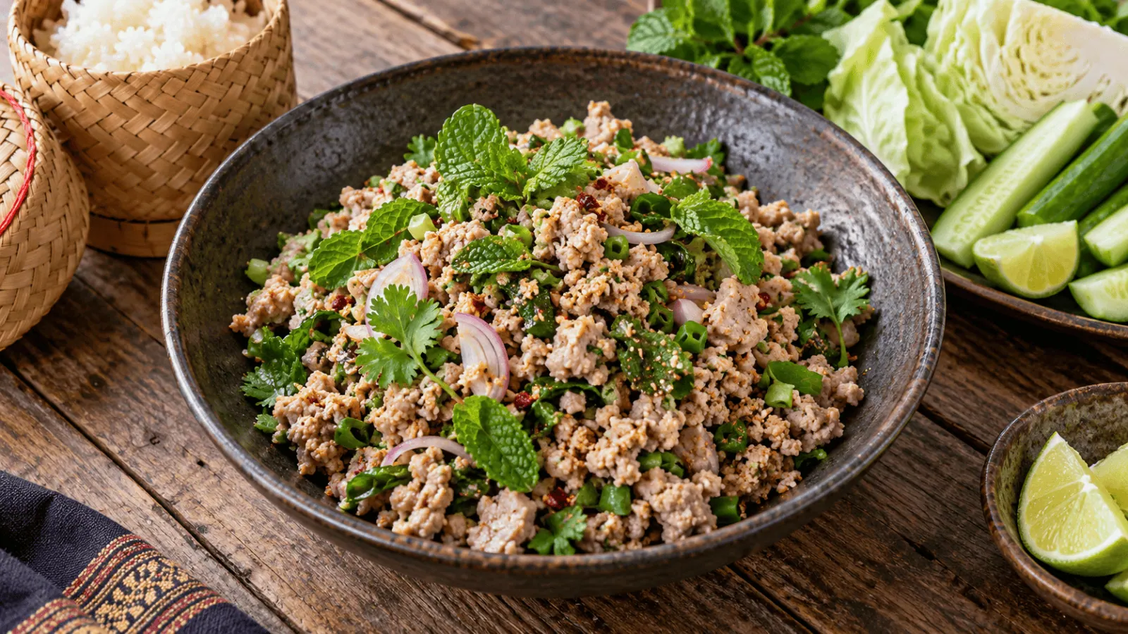 Larb de porc aux échalotes, menthe, coriandre, citron vert et riz grillé