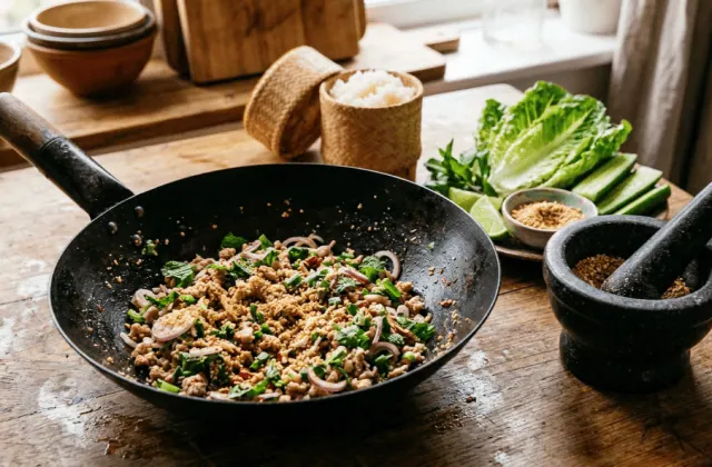 Larb moo dans un wok : porc haché au citron vert, piment, échalotes, menthe et riz grillé khao khua, mortier, riz gluant et salade