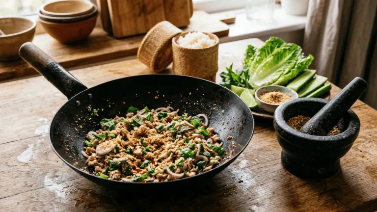 Larb moo dans un wok : porc haché au citron vert, piment, échalotes, menthe et riz grillé khao khua, mortier, riz gluant et salade