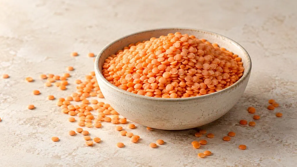 Lentilles corail sèches dans un bol en grès