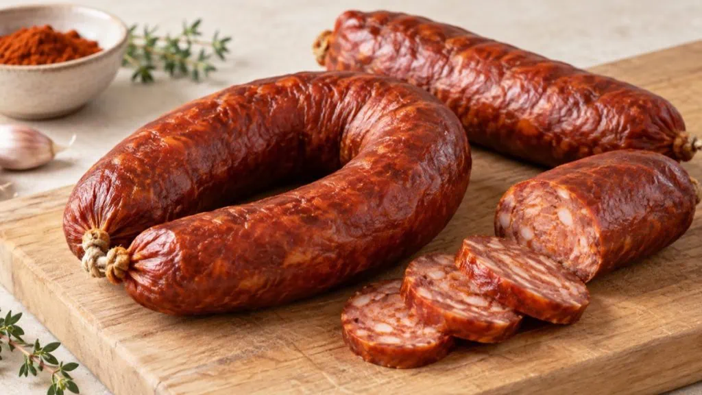 Linguiça portugaise entière et tranchée sur une planche