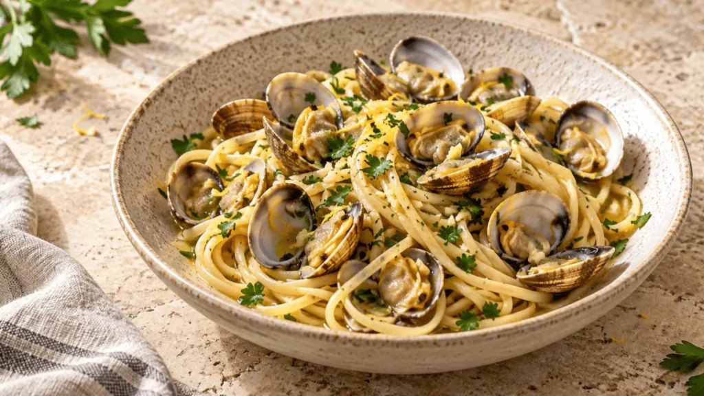 Linguine aux palourdes ouvertes avec ail, persil et citron