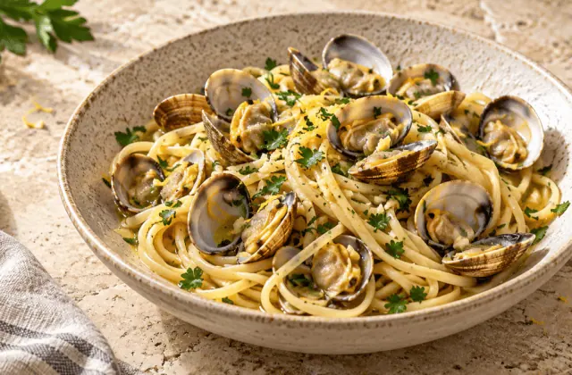 Linguine aux palourdes ouvertes avec ail, persil et citron