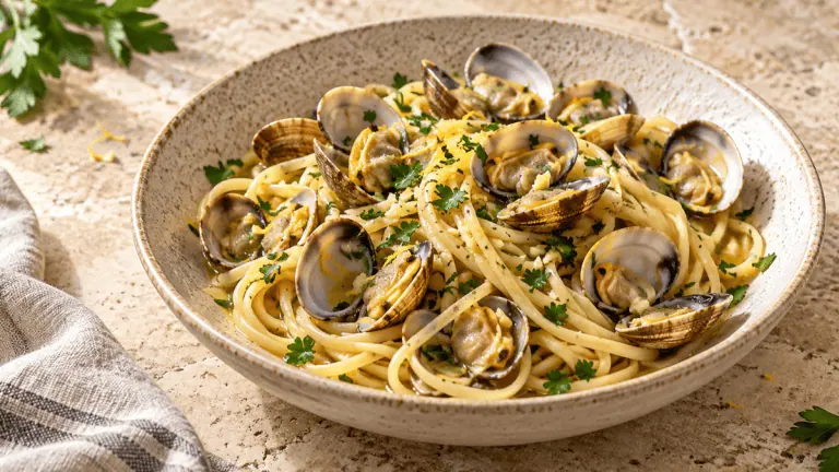 Linguine aux palourdes ouvertes avec ail, persil et citron
