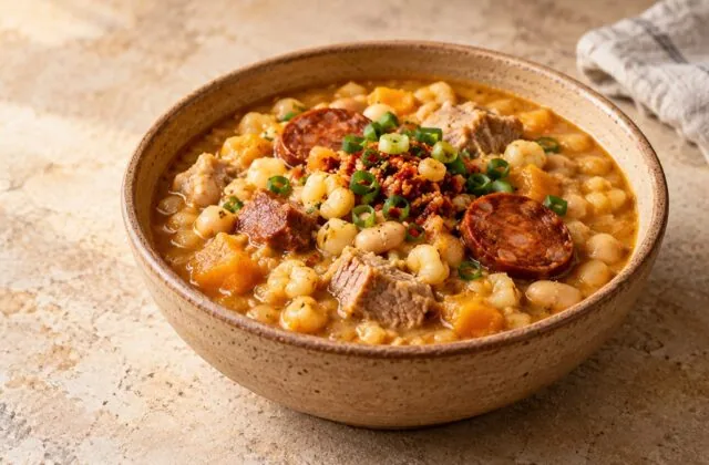 Locro argentin au maïs blanc, haricots, courge, porc et chorizo