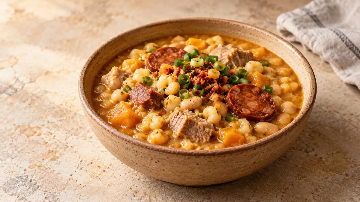 Locro argentin au maïs blanc, haricots, courge, porc et chorizo