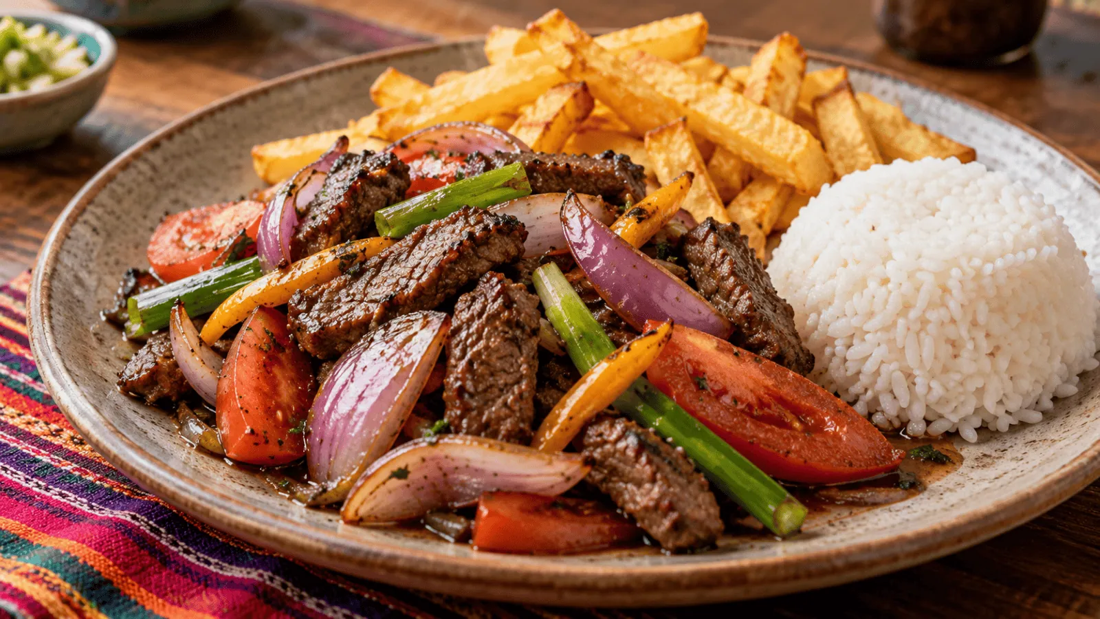 Lomo saltado de bœuf aux oignons rouges, tomates, frites et riz blanc