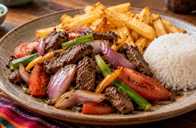 Lomo saltado de bœuf aux oignons rouges, tomates, frites et riz blanc